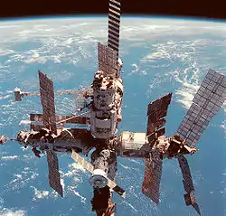 A cluster of cylindrical modules with projecting feathery solar arrays, with Earth's horizon visible in the background.