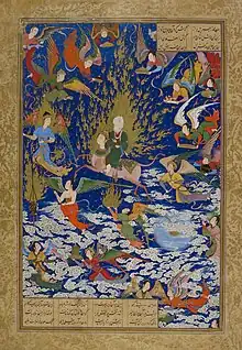 Nizami Ganjavi, The Ascent of Muhammad to Heaven on his steed Buraq, guided by Gabriel and escorted by angels., 1539-43 (Persia Safavid dynasty), British Library