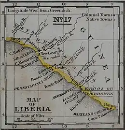 Image 34Map of Liberia Colony in the 1830s, created by the ACS, and also showing Mississippi Colony and other state-sponsored colonies. (from Liberia)