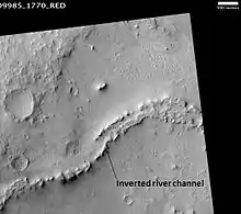 Inverted Channel in Miyamoto Crater. Image is located in Margaritifer Sinus quadrangle. The scale bar is 500 meters long.