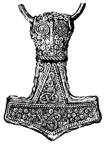 Drawing of a 4.6 cm gold-plated silver Mjölnir pendant found at Bredsätra on Öland, Sweden