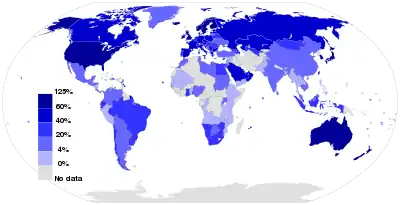 Image 2Mobile broadband Internet subscriptions in 2012as a percentage of a country's populationSource: International Telecommunication Union. (from Internet access)