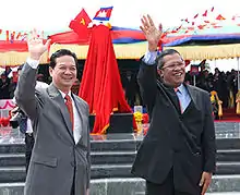 Nguyen Tan Dung Vietnam Prime Minister and Hun Sen, Cambodia Prime Minister opened ceremony of boundary stone at Mộc Bài-Bavet border.