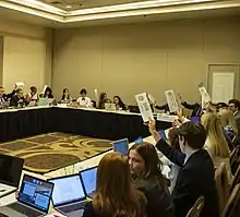 Students raising country placards to vote on a motion