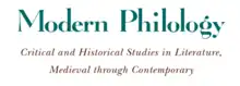 Modern Philology logo. Green writing  states "Modern Philology", underneath in brown writing it is written "critical and historical studies in literature, medieval through contemporary"