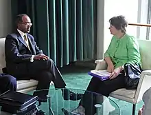 Image 51Foreign Minister of Somalia Mohamed Abdullahi Omaar in a meeting with UNDP Administrator Helen Clark and other diplomats at the UN headquarters in New York. (from History of Somalia)