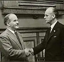 Image 63Soviet foreign minister Vyacheslav Molotov (left) meets with German foreign minister Joachim von Ribbentrop at the signing of the German–Soviet non-aggression pact on 23 August 1939 (from Diplomatic history of World War II)