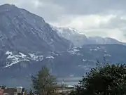 Sighignola (top left) in winter, seen from the city of Lugano