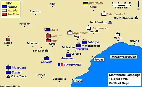 Map of Montenotte campaign, Battle of Mondovì, 21 April 1796