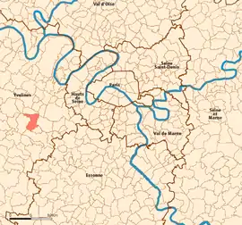 Location (in red) within Paris inner and outer suburbs