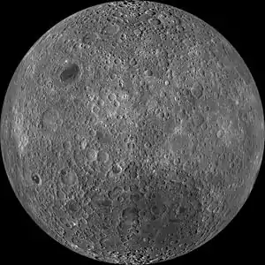 Composite image of the far side of the Moon. Mare Moscoviense is visible in the upper left quadrant.