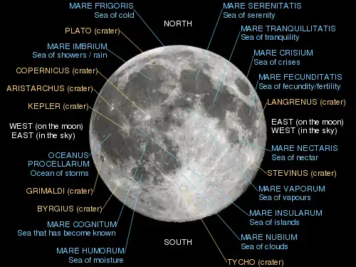 Lunar nearside with major Lakr and craters labeled