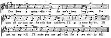 The picture shows three lines of music and lyrics to the song known as "The Moonshiner".