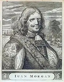 Image 20Henry Morgan who sacked and burned the city of Panama in 1671 – the second most important city in the Spanish New World at the time; engraving from 1681 Spanish edition of Alexandre Exquemelin's The Buccaneers of America (from Piracy)