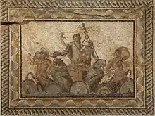 Epiphany of Dionysus mosaic, from the Villa of Dionysus (2nd century AD) in Dion, Greece. Now in the Archeological Museum of Dion.