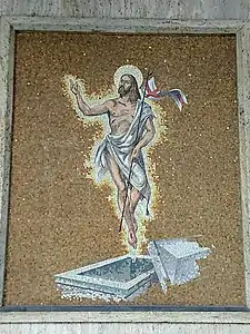 Mosaic on the right side of the entrance to the church representing the resurrection of Jesus