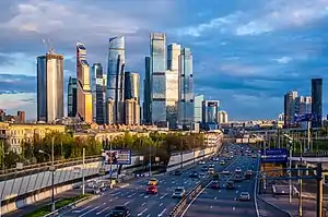 Moscow International Business Center (MIBC) in May 2022, as viewed southbound from the Third Ring Road