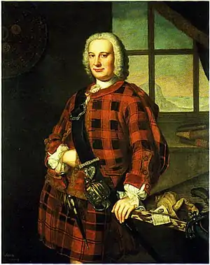 Painting of a curly-haired, portly, middle-aged man in a red-and-black tartan outfit, with sword belt over his shoulder