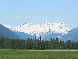 A large lightly glaciated mountain rising over a forested valley.