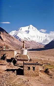 View of Mount Everest and Rongbuk Monastery.