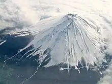 Looking down towards the peak of Mount Fuji and its central crater.