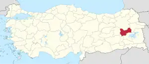 Muş highlighted in red on a beige political map of Turkeym