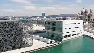 The MuCEM, Musée Regards de Provence and Villa Mediterannée, with Notre Dame de la Majeur on the right