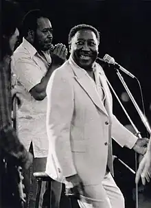 Photograph of Muddy Waters on stage playing an electric guitar