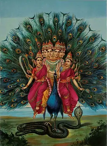 Image 3MuruganPainting: Raja Ravi VarmaMurugan, also known as Kartikeya, is the Hindu war god, worshiped particularly by Tamil Hindus. Murugan has a peacock as a mount and is often depicted with six heads and twelve arms holding a variety of weapons. His consorts, pictured here, are Valli and Deivayanai.More selected pictures