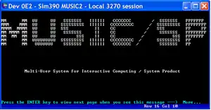 A terminal window showing white text on a black background. An ASCII art logo reads MUSIC/SP and is captioned below as Multi User System for Interactive Computing / System Product.