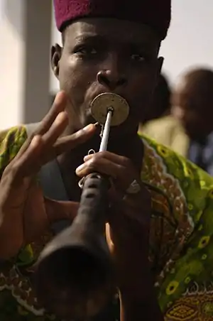 Image 24A musician plays traditional African music during the closing ceremony of French RECAMP-concept (reinforcement of African peacekeeping capacities) in Douala, November 23, 2006 (from Culture of Cameroon)