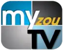 A rounded rectangle divided into blue and gray parts with the word "my" in white in the upper left, a gold "z o u" italicized in the upper right, and a black "T V" in the lower right.