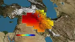 Image 11Estimates of changes in water storage around the Tigris and Euphrates Rivers, measured by NASA's GRACE satellites. The satellites measure tiny changes in gravitational acceleration, which can then be processed to reveal movement of water due to changes in its total mass. (from Hydrology)