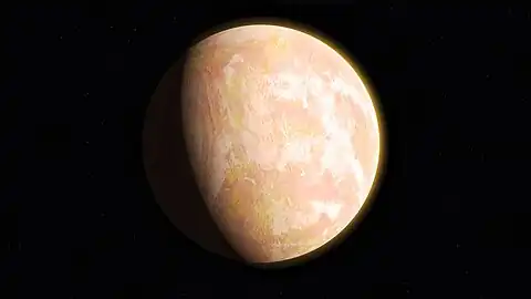 Image 8The pale orange dot, an artist's impression of the early Earth which might have appeared orange through its hazy methane rich prebiotic second atmosphere. Earth's atmosphere at this stage was somewhat comparable to today's atmosphere of Titan. (from History of Earth)