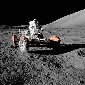 Image 9Lunar roverPhoto credit: Harrison SchmittAstronaut Eugene Cernan makes a short test drive of the lunar rover (officially, Lunar Roving Vehicle or LRV) during the early part of the first Apollo 17 extravehicular activity. The LRV was only used in the last three Apollo missions, but it performed without any major problems and allowed the astronauts to cover far more ground than in previous missions. All three LRVs were abandoned on the Moon.More selected pictures