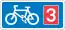 Rectangular, blue traffic sign with a white bicycle symbol and a red square with the number 3 in it.