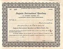 Stock Certificate for Augusta International Speedway