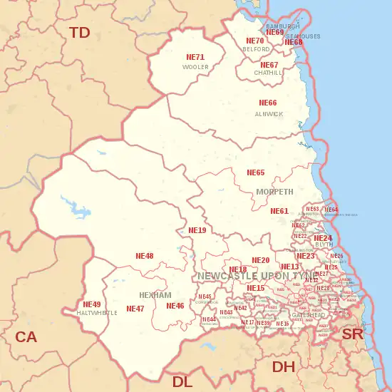 NE postcode area map, showing postcode districts, post towns and neighbouring postcode areas.