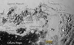 Hillary Montes and Tenzing Montes (labeled Norgay Montes) lie between Sputnik Planitia (top) and Cthulhu Regio (bottom).