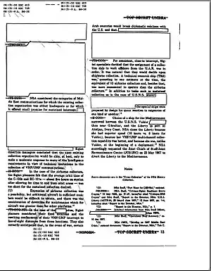 An image of a scanned document that has several paragraphs covered over with white boxes.