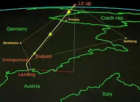 3D triangulation of the atmospheric trajectory of Neuschwanstein by the European Fireball Network stations.