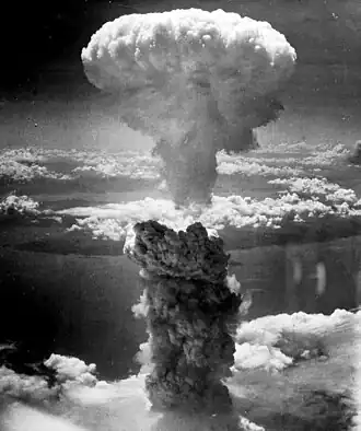 Image 13The mushroom cloud of the atomic bomb dropped on Nagasaki, Japan, on 9 August 1945 rose over 18 kilometres (11 mi) above the bomb's hypocenter. An estimated 39,000 people were killed by the atomic bomb, of whom 23,145–28,113 were Japanese factory workers, 2,000 were Korean slave laborers, and 150 were Japanese combatants. (from Nuclear fission)