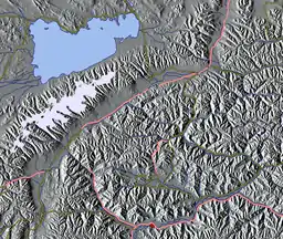 Portion of the terrane, Namtso lake to the north above Nyenchen Tanglha Mountains (white)