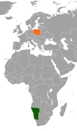 Map indicating locations of Namibia and Poland