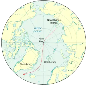 Portion of the globe centred on the North Pole, showing the continental masses of Eurasia and America, also Greenland, Spitsbergen and the New Siberian Islands. The theoretical drift is shown by a line from the New Siberian Islands, through the North Pole and then reaching the Atlantic Ocean by passing between Spitsbergen and Greenland.