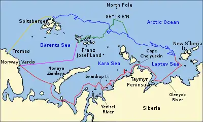 The eastern Arctic Ocean, including the Barents, Kara and Laptev Seas, showing the area between the North Pole and the Eurasian coast. Significant island groups (Spitsbergen, Franz Joseph Land, Novaya Zemlya, New Siberian Islands) are indicated.