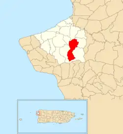 Location of Naranjo within the municipality of Aguada shown in red