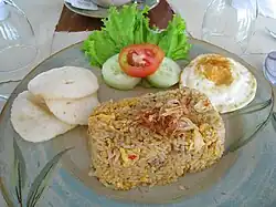 Nasi goreng topped with bawang goreng