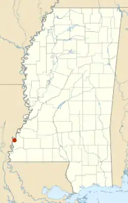 Map of the present-day state of Mississippi, showing the location of the massacre in the southwestern part of the state, across the river from Louisiana