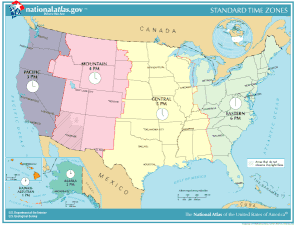 Map of U.S. time zones between April 2, 2006, and March 11, 2007. The current time zone now has Pulaski County, Indiana in the Eastern Time Zone and no longer in the Central Time Zone.